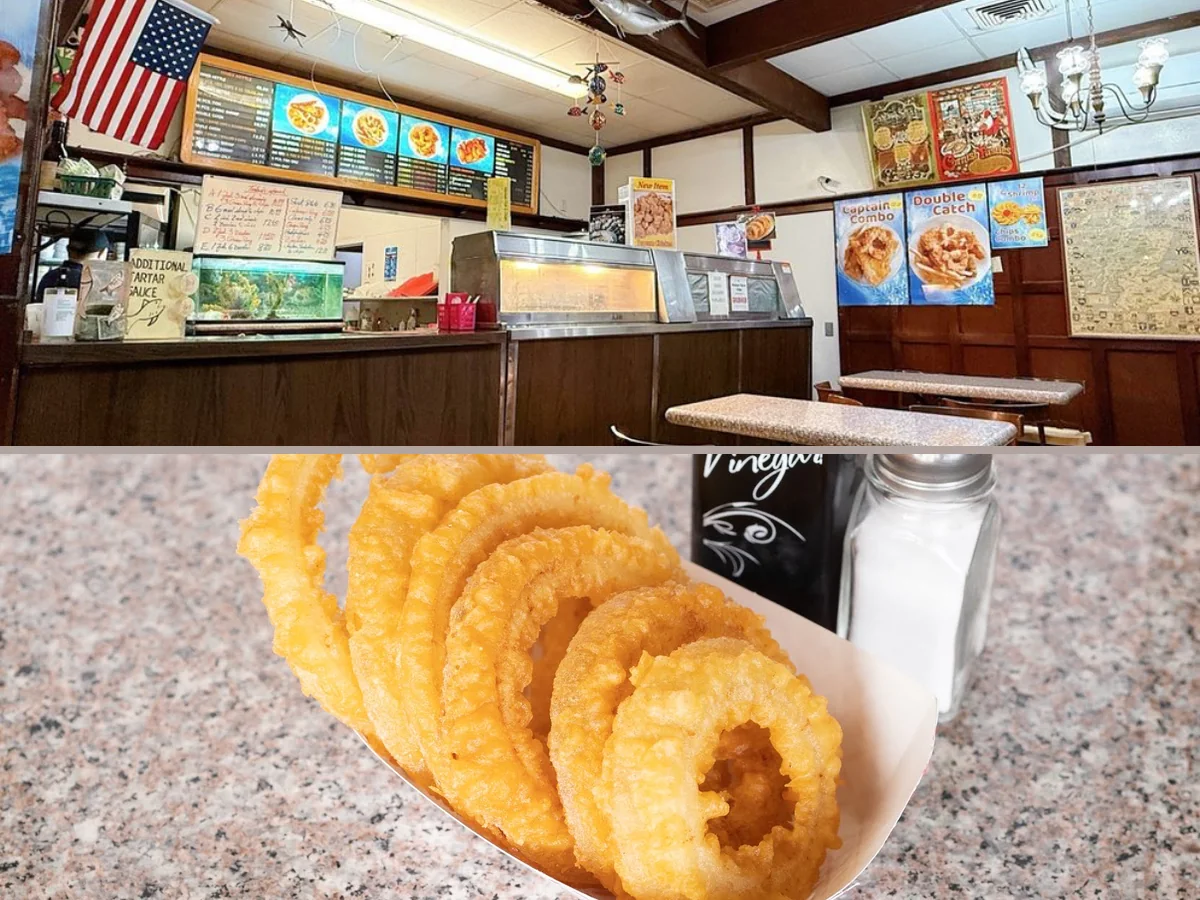 Fast-food seafood counter with fried dishes.
