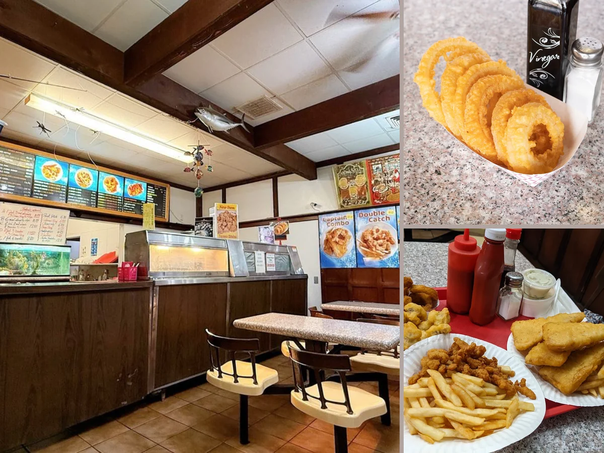 Crispy seafood served with chips and dipping sauce.