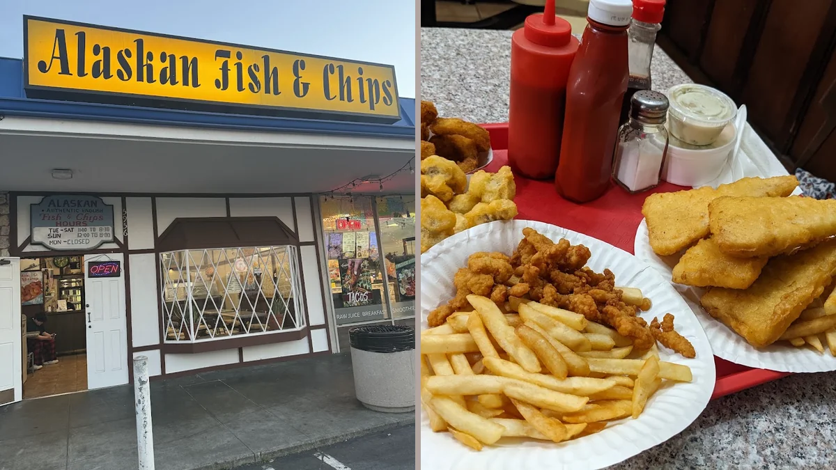 Fast-food seafood counter with fried dishes.