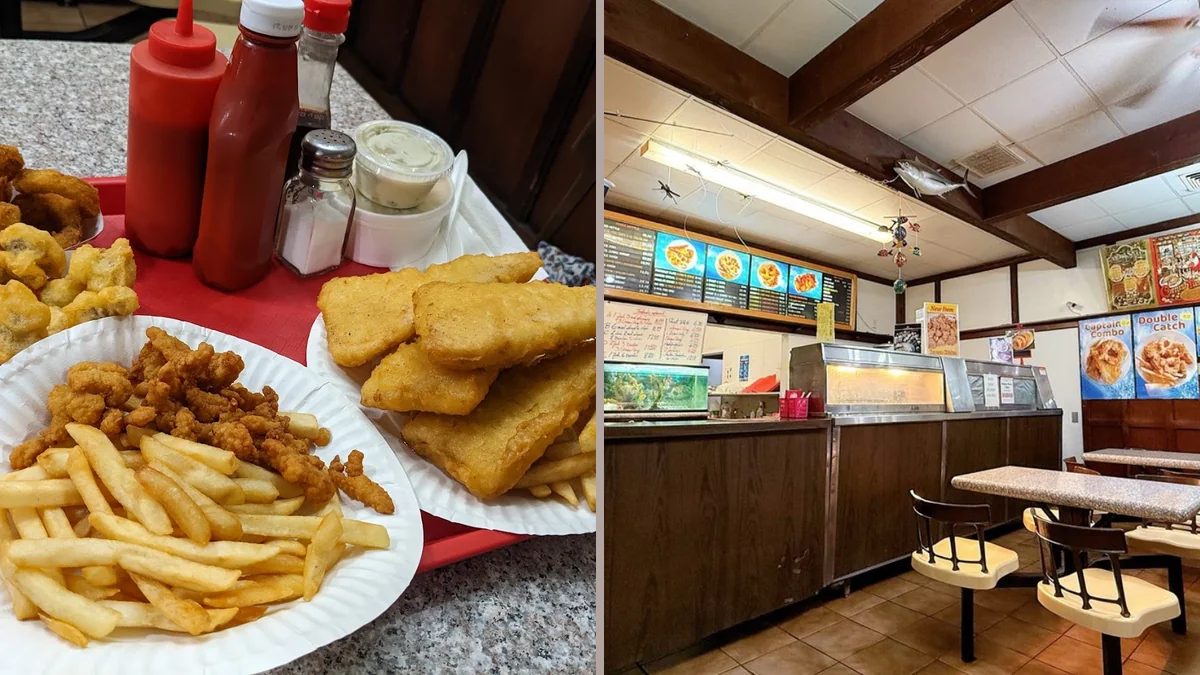 Crispy seafood served with chips and dipping sauce.