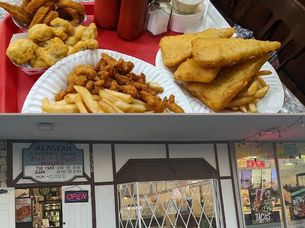 Fast-food seafood counter with fried dishes.